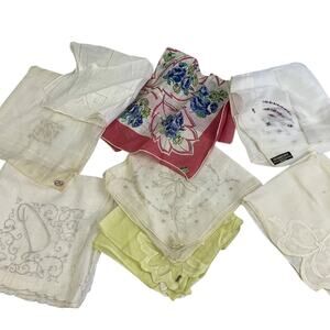 Lot of 8 Vintage Hand Rolled Linen Monogrammed Floral Embroidered Handkerchiefs